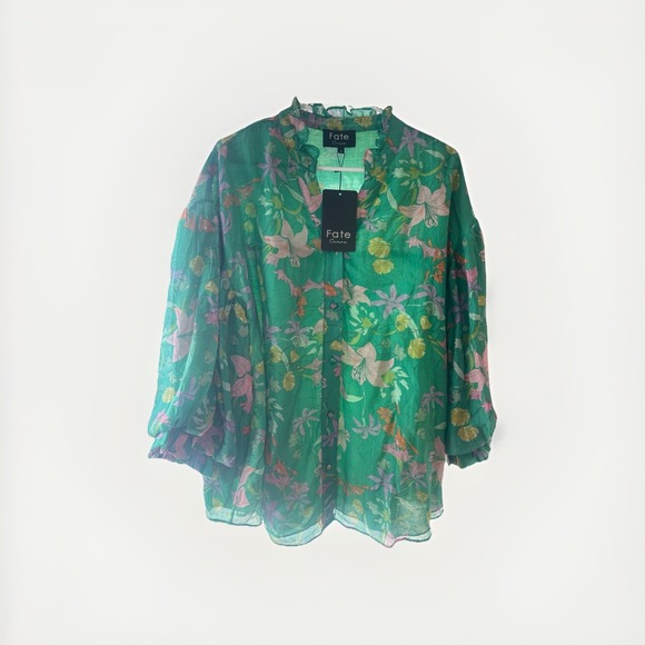 Fate Women's blouse green Floral Print Long Sleeve Zise 1X NWT Multicolor - Picture 11 of 12